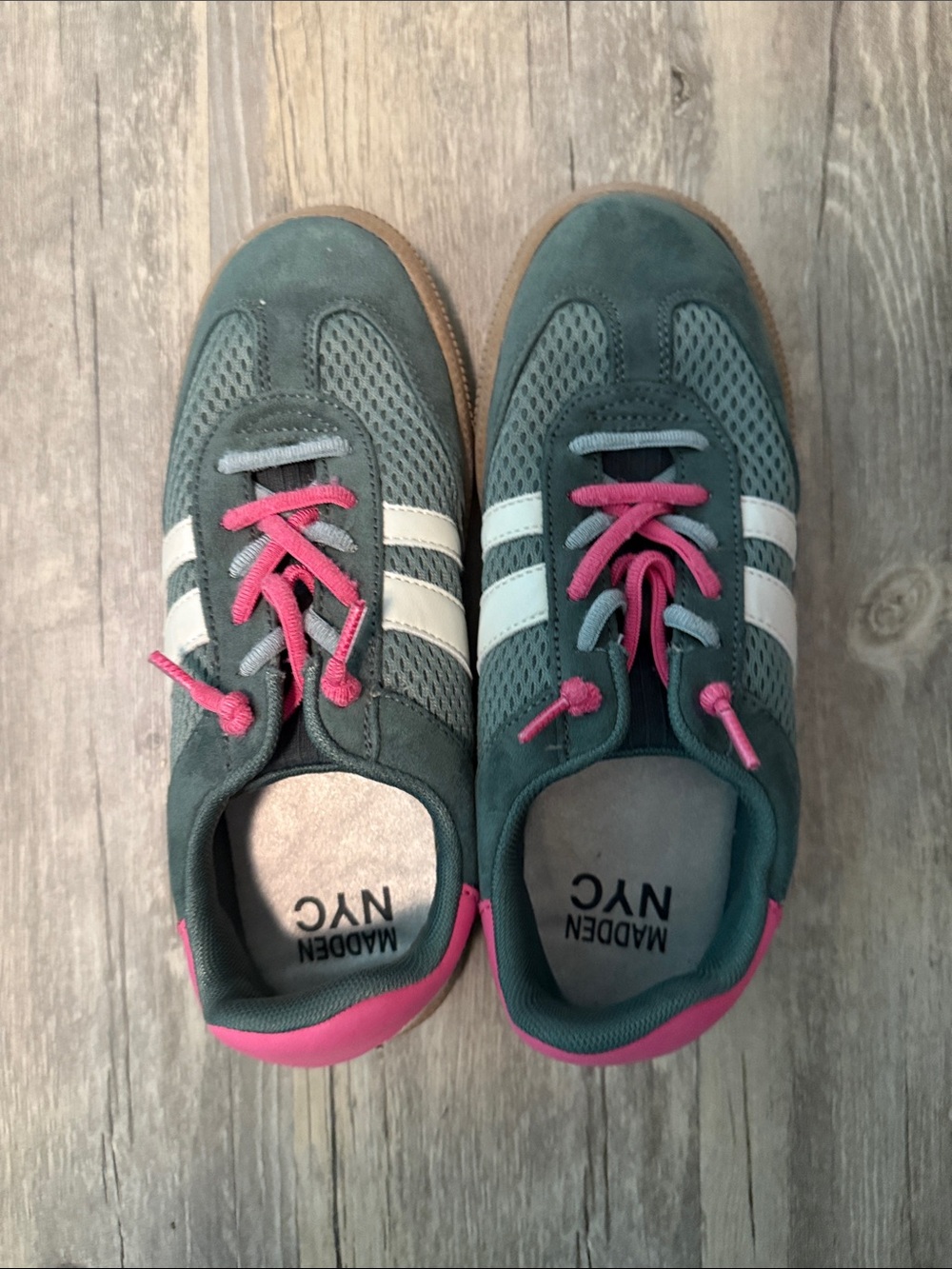 Madden NYC Kids Green Suede Sneakers with Pink Accents